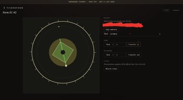 The image shows a dark interface featuring an elliptical dial or gauge design with green and yellow diamond shapes at its center, alongside red text and tick mark indicators. It appears to be a teaser or cryptic visual element related to the announced "stealth drop" collection, complementing the message about following @tickerform for notifications about the unrevealed drop.