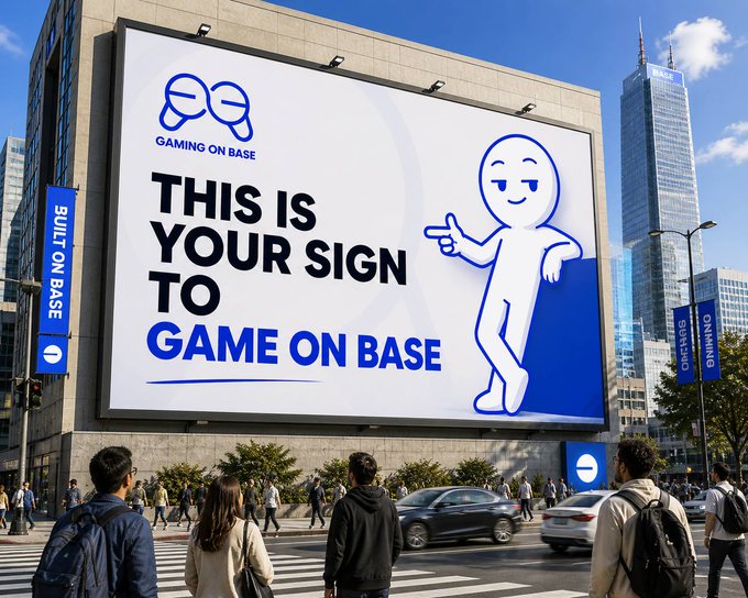 A large street billboard in a busy city reads, “THIS IS YOUR SIGN TO GAME ON BASE,” with Base branding and a gaming character. It promotes the accompanying post’s message: “BM from the Home of Gaming on @base. What are you playing today?”