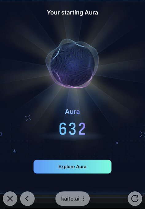 The image displays a Kaito AI interface showing a user's starting Aura score of 632 with a mesh-like sphere graphic, an "Explore Aura" button, and the URL "kaito.ai" at the bottom. This relates to the post by illustrating a new user's initial Aura rating, emphasizing the author's point about early registration being crucial to secure an advantage before the platform potentially evolves toward a S2 airdrop incentive program.