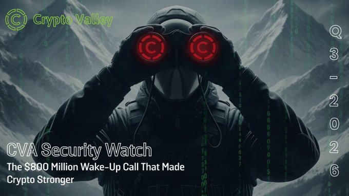 Promotional banner for Crypto Valley featuring a hooded figure with red glowing goggles looking over a snowy mountain, displaying text 'CVA Security Watch: The $800 Million Wake-Up Call That Made Crypto Stronger' with date 2026-03-26.