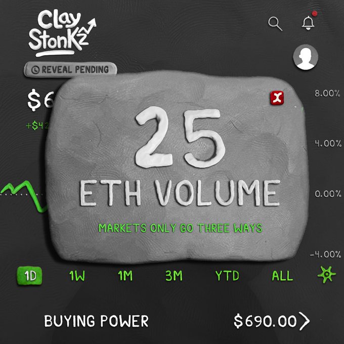 A screenshot of the "ClayStonkz" trading app displays a 25 ETH trading volume on a clay-textured overlay, with a buying power of $690.00 and a "Reveal Pending" banner, suggesting the user reached a notable trading milestone on the 1D chart.