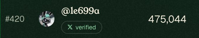 The image shows a verified X account, **@1e699a**, alongside **#420** and **475,044** points. It visually supports the post’s claim that the user is ranked **#420** on the **@commonsmade** leaderboard and asks others to vouch for an airdrop reward.