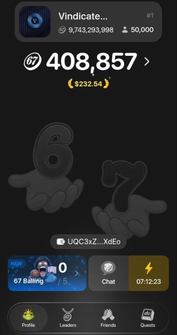 A screenshot of the SixSeven app showing user "Vindicate..." ranked #1 with 408,857 points ($232.54), a 67-day streak, and a current balance of 0 out of 5 for the day, displayed with countdown hands "6" and "7" — illustrating the user's progress in the airdrop campaign with 7 days remaining.