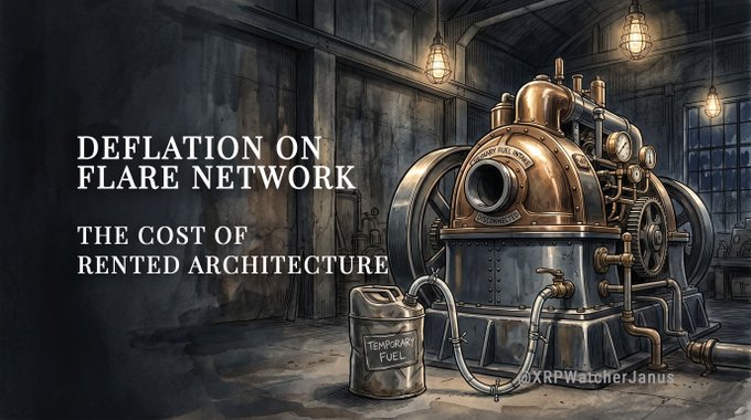 The image features a large steam engine with a can of fuel sitting next to it, which appears to be part of an art project or a poster related to the concept of Rented Deflation on the Flare Network. The caption below the image reads "Rented deflation has an academic name. A working paper from Xubin Luo (May 25, 2026) formalises exactly the pattern playing out on Flare. It'S called Routed Closure."