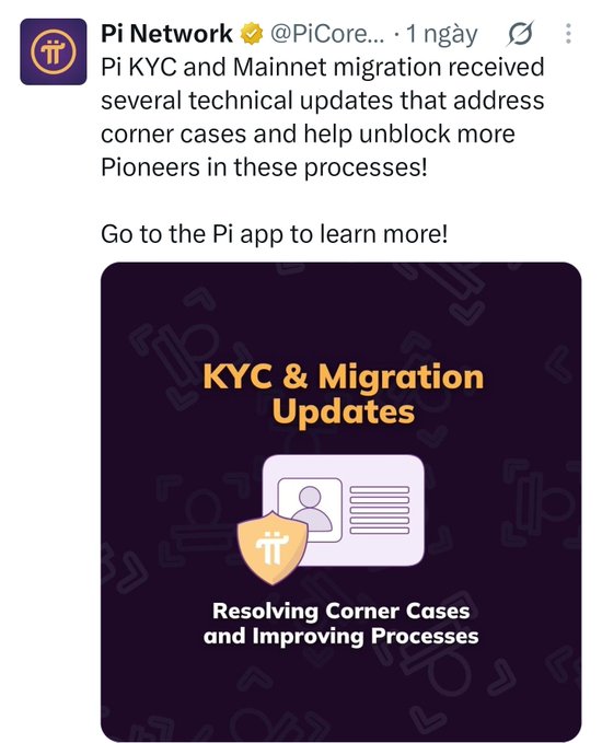 A screenshot of a tweet from the verified Pi Network account (@PiCore) announcing technical updates for Pi KYC and Mainnet migration to resolve corner cases and unblock more Pioneers, with a graphic titled 'KYC & Migration Updates: Resolving Corner Cases and Improving Processes'.