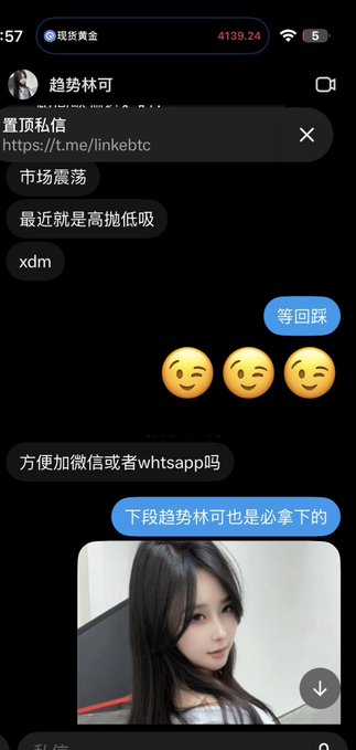 A Chinese-language chat screenshot shows messages discussing cryptocurrency trading strategies, with a link to a BTC service and a profile picture of a young woman attached.