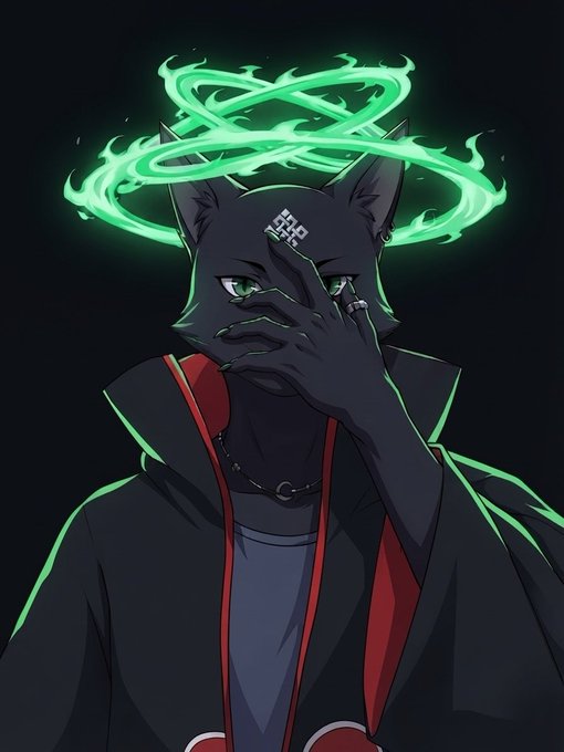 Anime-style illustration of a black cat-eared character with glowing green rings above their head, wearing a dark cloak with red accents.