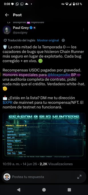 A screenshot of a post by Paul Grey (@paulgrey) about a bug bounty program for the Tempoora Chain Runner project, featuring a "Season 8 Bug Hunters" leaderboard with rankings and usernames like blexord and bloxprod, relating to the tweet's mention of rewarding contributors who create and add value to the network.