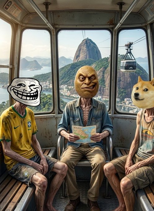 The image features a group of three people sitting together, each wearing a face mask that resembles a cartoon character or meme. The faces are drawn with white lines, giving them a unique appearance. One person has a face resembling a potato, another is depicted as a gorilla, and the third one is shown as a dog. They appear to be enjoying their time together in a bus, possibly on a tour of the city. The post they are associated with seems to be promoting an event or gathering related to cryptocurrencies, as indicated by the text "Hanging out with the best! @solana #crypto".