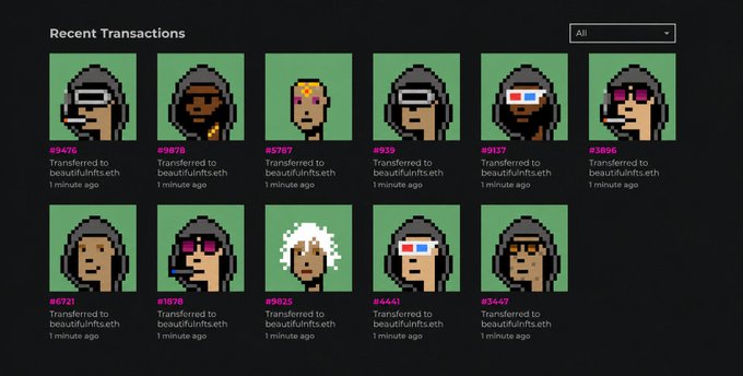 A screenshot of a 'Recent Transactions' page showing multiple CryptoPunk-style pixel art avatars that have been 'Transferred to beautifulinf.eth' with various token IDs like #9476, #9878, #5757, and others, all listed as '1 minute ago'.