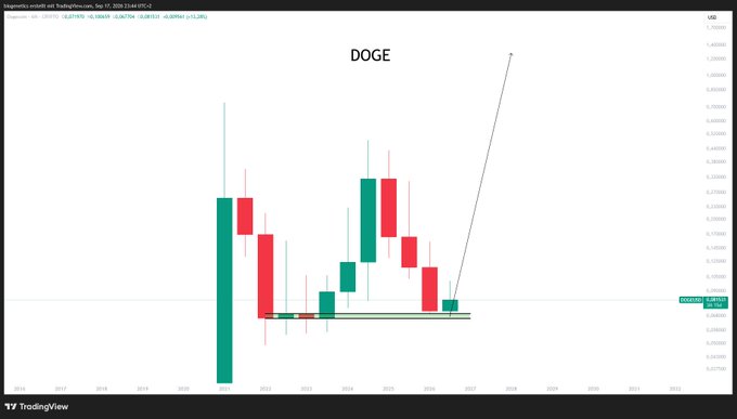 A TradingView chart for 'DOGE' (Dogecoin) displaying a candlestick graph with a sharp upward trend line pointing towards 2027. The chart shows historical price data with green and red candles, and a current price indicator on the right axis.