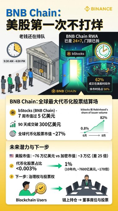 An infographic by Binance about 'BNB Chain' with Chinese text, highlighting that the US stock market trades only 9:30 AM-4:00 PM while BNB Chain RWA operates 24x7, and showing bStocks (BNB Chain) with a 7-day market cap over $500M and 90-day trading volume exceeding $30 billion.