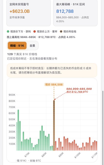 A Chinese-language cryptocurrency chart showing unrealized losses of +$623.0B, with 812,788 BTC in the $84,000-$85,000 range and a histogram of $1K price bucket distributions.