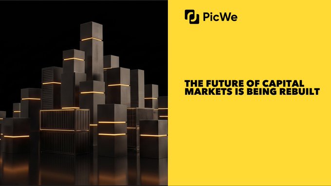 The image features the "PicWe" logo in the top right corner against a bold yellow background, paired with a stylized 3D rendering of a black cityscape with glowing orange accents that visually evokes a modern financial district. The text "THE FUTURE OF CAPITAL MARKETS IS BEING REBUILT" anchors the right side, reinforcing PicWe's message about transforming traditional markets into a more global, connected, efficient, and transparent system through multi-chain infrastructure.