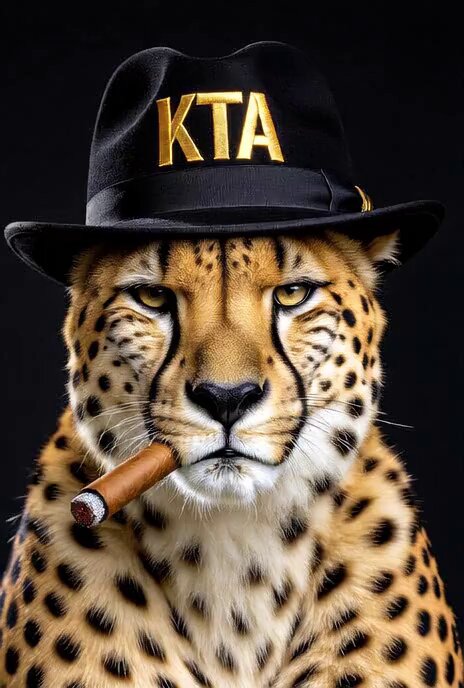 The image features a leopard cat wearing a black hat with gold lettering that reads "KTA". The cat has its head tilted back, giving an impression of being relaxed or lounging. It also holds a cigar in its mouth, adding a touch of whimsy and humor to the scene.