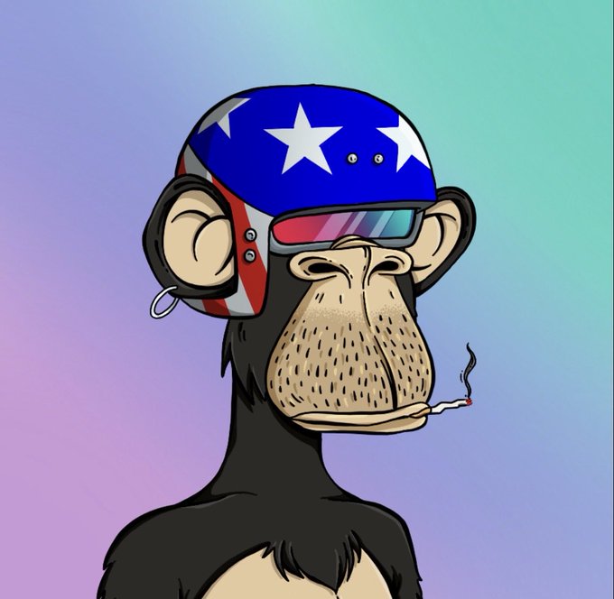A cartoon illustration of a black monkey character wearing a patriotic American flag-themed helmet with stars and stripes, along with reflective sunglasses, against a pastel gradient background.