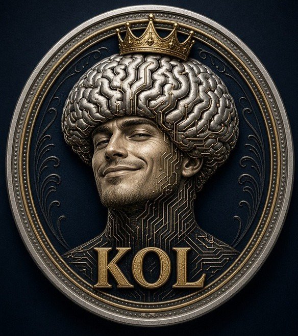 A metallic coin or medallion featuring a portrait of a smiling man with a brain covered in circuit patterns wearing a crown, with the text 'KOL' at the bottom.