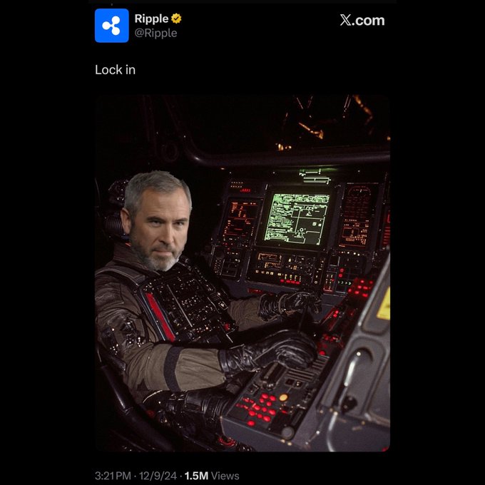 A tweet from Ripple (@Ripple) posted at 3:21 PM on 12/9/24 with 1.5M views features a humorous "shopped" image of Brad Garlinghouse, Ripple's CEO, dressed as a pilot inside a sci-fi cockpit with illuminated control panels and screens, paired with the caption "Lock in" and tagging @bgarlinghouse, playfully portraying him as focused and locked in at the controls.