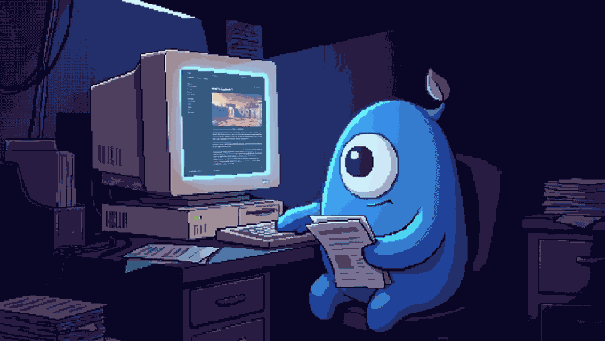 A blue cartoon blob character wearing a small leaf sits at a vintage computer in a dark room, holding papers while reading what appears to be the "asph0d37" documentation displayed on the monitor. The pixel-art scene captures the moment of reviewing the project's launch details, mint costs, and competition information just before the 24-hour countdown to launch.