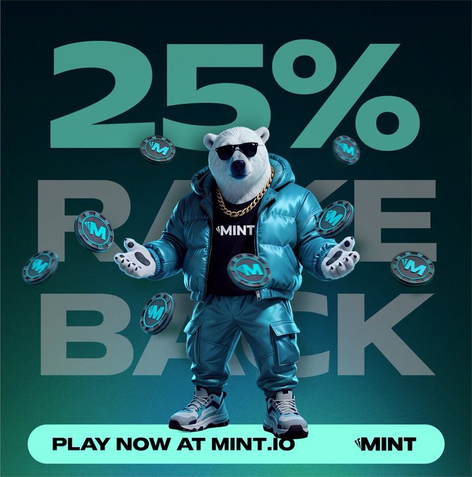 A promotional advertisement for MINT (mint.io) featuring a stylized polar bear wearing sunglasses, a gold chain, and a teal puffer jacket, advertising "25% RAKE BACK".