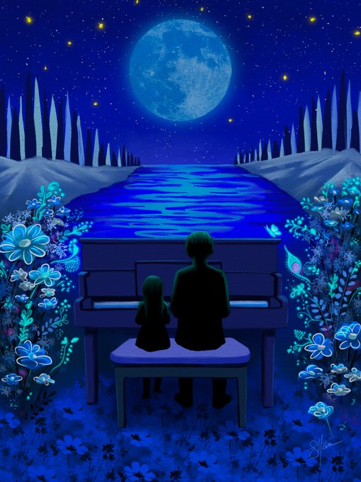 Two silhouetted figures—a child and a taller companion—sit at a glowing blue grand piano under a luminous full moon, with the piano seemingly extending into a starlit lake and surrounded by luminous, dreamlike flowers. The artwork, titled "In My Dreams" by @zetsketches, visually echoes the post's sentiment of a tender, otherworldly bond where music and moonlit memory intertwine to keep a loved one eternally present.