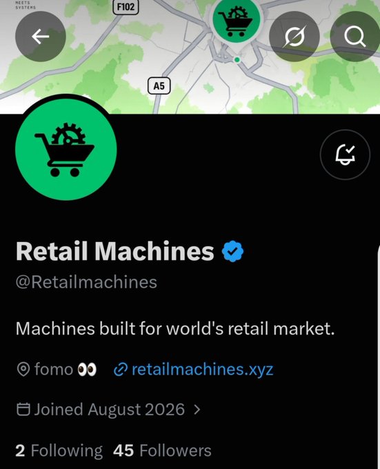 A social media profile screenshot shows 'Retail Machines' (@Retailmachines) with a verified checkmark, tagline 'Machines built for world's retail market', and a link to retailmachines.xyz.