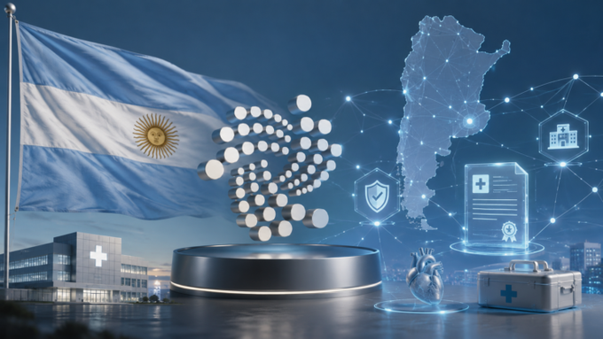 A digital graphic featuring the Argentine flag alongside a map of Argentina, medical icons, and a stylized swirling logo on a podium, suggesting healthcare or pharmaceutical themes.