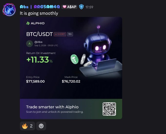 A Telegram message screenshot from user @ARG5AM4Q sharing a BTC/USDT SHORT trade on ALPHIO showing +11.33% ROI at entry price $77,589.00 and mark price $76,720.02.