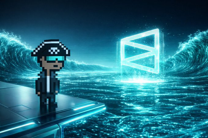 A pixel-art character wearing a VR headset and suit stands on a platform looking at a glowing neon hourglass symbol hovering over an ocean with massive waves.