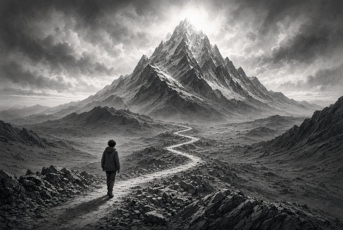 A black and white illustration of a person standing on a rocky path looking toward a dramatic, towering mountain peak under a cloudy sky.