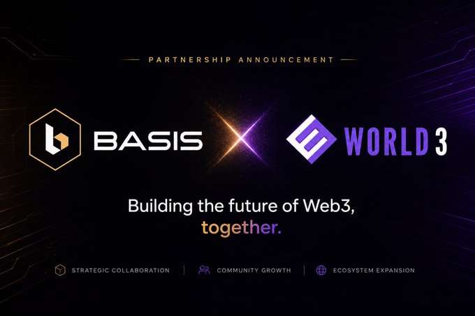 A promotional graphic announces a 'PARTNERSHIP ANNOUNCEMENT' between 'BASIS' and 'WORLD 3' with the tagline 'Building the future of Web3, together.' and categories for 'STRATEGIC COLLABORATION', 'COMMUNITY GROWTH', and 'ECOSYSTEM EXPANSION'.
