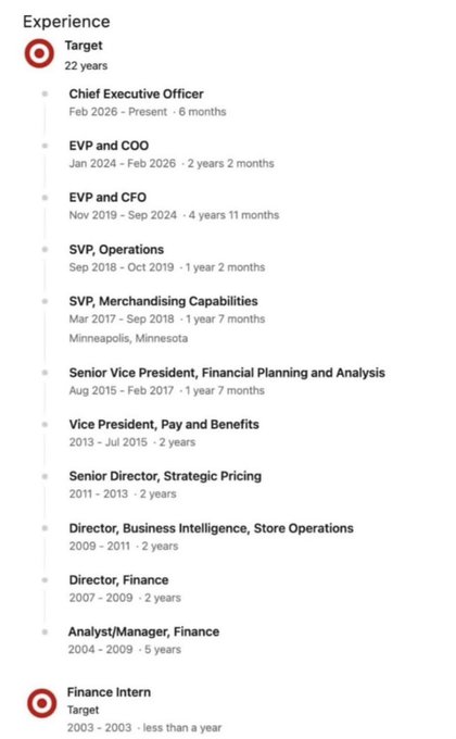 A LinkedIn-style experience section lists 22 years of employment at Target, progressing from Finance Intern (2003) through roles like Director, Finance and SVP Merchandising Capabilities, up to the current position of Chief Executive Officer.