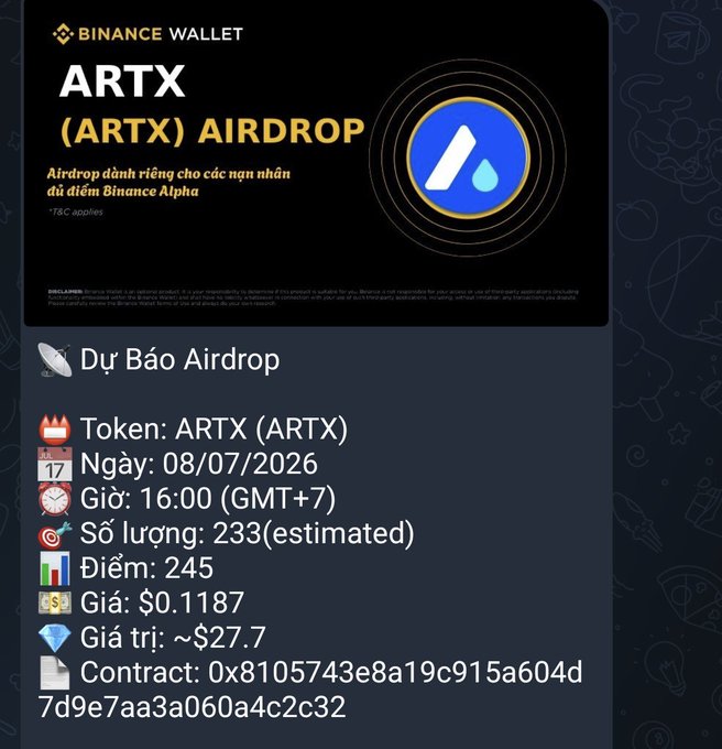 A Binance Wallet announcement for an ARTX (ARTX) airdrop scheduled for 08/07/2026 at 16:00 GMT+7, with an estimated reward of 233 tokens valued at approximately $27.7, contract address 0x8105743e8a19c915a604d7d9e7aa3a060a4c2c32.