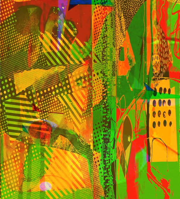 A vibrant abstract digital artwork featuring overlapping layers of green, orange, and red with patterns of dots, stripes, and distorted shapes.