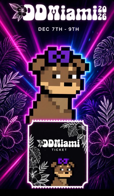 A vibrant promotional poster for 'DDMiami 2026' on December 7th-9th, featuring a pixel art monkey character wearing a purple cap, with neon pink and purple tropical leaves in the background.