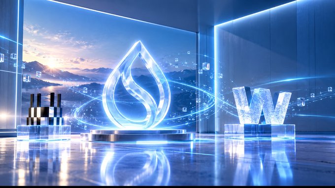 A futuristic digital rendering with a large blue water droplet logo and the letter 'W' displayed in a glass room with a cityscape background.