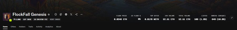 A screenshot of an NFT collection page titled 'FlockFall Genesis' showing a floor price of 0.0246 ETH, with metrics including 24H volume of 52.51 ETH and 649 unique owners.