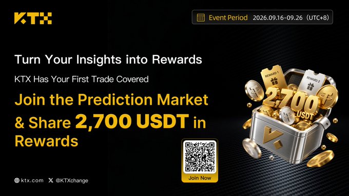 A promotional banner for KTX (ktx.com) advertising 'Turn Your Insights into Rewards' with a 2,700 USDT prize pool, event period 2026.09.16-09.26, featuring a QR code and treasure chest graphic.