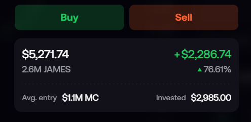 A trading position summary showing JAMES with 2.6M tokens at $5,271.74, up $2,286.74 (76.61%) with an average entry market cap of $1.1M and $2,985.00 invested.