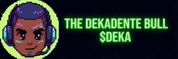 Pixel art logo featuring a character with headphones and the green text 'THE DEKADENTE BULL $DEKA' on a dark background.