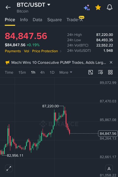 A Binance trading app screenshot showing the BTC/USDT (Bitcoin) price at $84,847.56 with a +0.19% change and a 1-hour price chart.