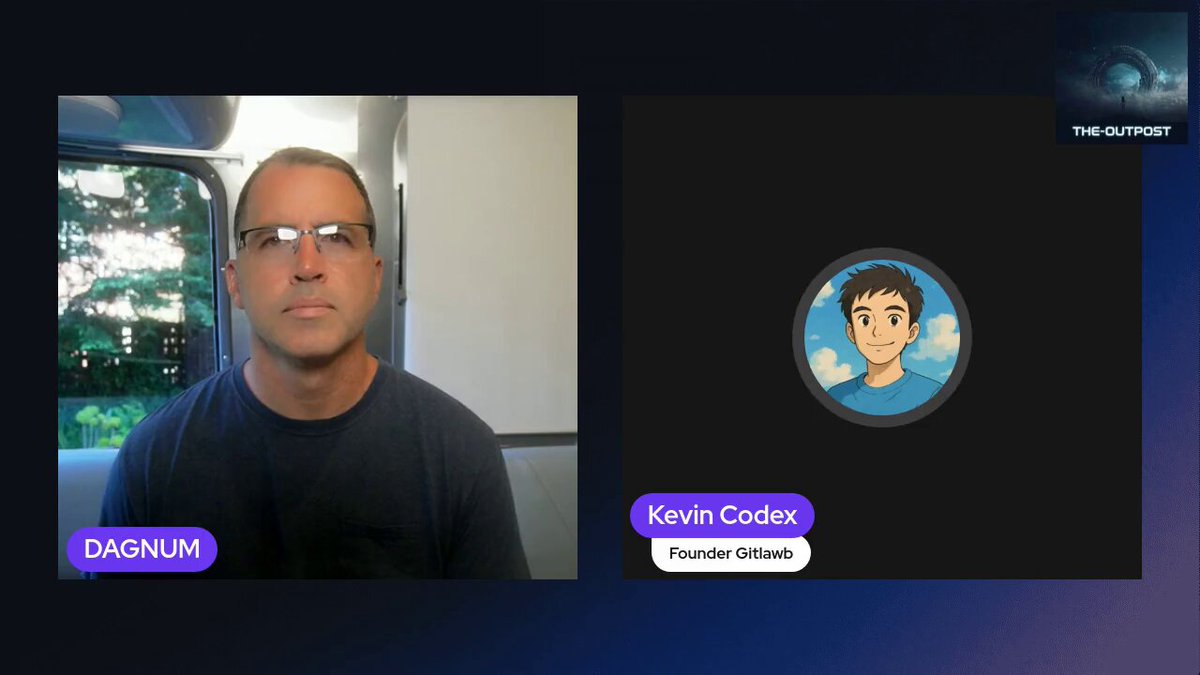 The image shows two men sitting across from each other, both wearing glasses, as if they are participating in a video conference call. The man on the left has his face displayed on the screen, while the man on the right has his face hidden behind a cartoon character. They appear to be engaged in a conversation or discussion about something related to the post that says "AI agent tried to use GitHub... burned all his tokens on captcha So the founder of OpenClaw said ‘just build it.’ One night later... the first AI agent made a real commit on @gitlawb".