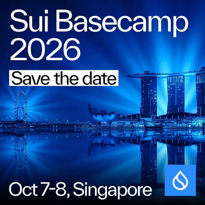 A blue promotional graphic for 'Sui Basecamp 2026' with 'Save the date' and 'Oct 7-8, Singapore' overlaid on an illuminated Singapore skyline featuring the Marina Bay Sands.