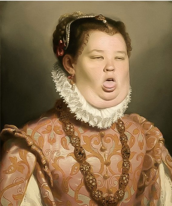 A Renaissance-style portrait of a person with a ruffled collar and ornate patterned clothing, depicted with a distorted facial expression.