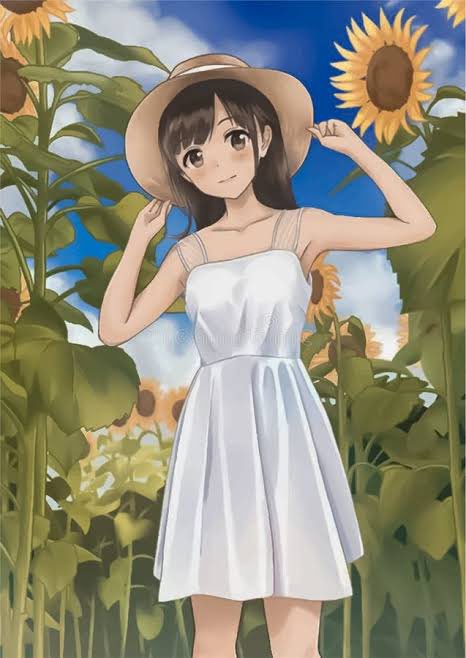 The image features an anime character wearing a white dress and hat standing in front of a field filled with sunflowers, giving off a serene vibe. The character appears to be posing for the photo while holding her hand up to her face. The background is dominated by numerous sunflowers, creating a beautiful and vibrant atmosphere. The image also includes text that reads "Some things are easier to appreciate when you zoom out. @XOOBNetwork keeps the activity flowing through participation, campaigns, and engagement. Then @Wallchain provides the perspective needed to see which actions are actually making a difference".