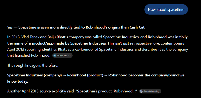 The image displays text explaining that Spacetime Industries, co-founded by Vlad Tenev and Baiju Bhatt in 2013, was the original company that launched Robinhood as a product before it became the standalone brokerage brand. The post supports the claim that SpaceTime has stronger ties to Robinhood's origins than CashCat, citing a Bizjournals source and noting a wallet address 0x18878347b7b5b1ca325a4b6a3b5bc921b4de7d3c.
