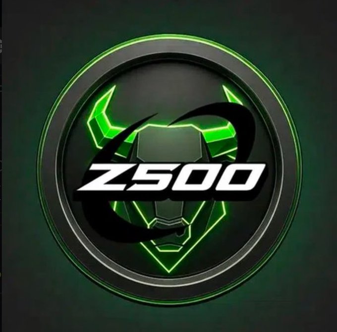 A circular metallic logo with glowing green neon accents displays the text 'Z500' across a stylized bull or horned helmet design.