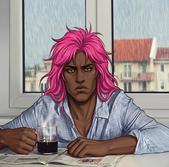 An anime-style illustration of a man with vibrant pink hair and dark skin wearing a light blue shirt, sitting at a table with a cup of coffee and newspaper, with a window view of buildings in the background.