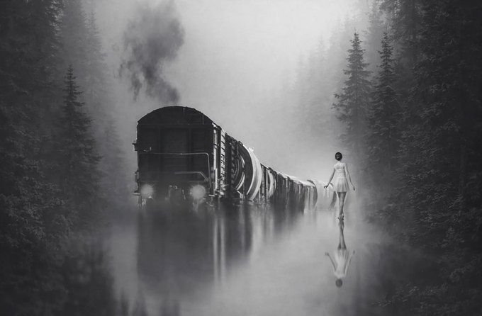 Black-and-white surreal artwork depicting a vintage steam train traveling through a misty forest alongside a lone figure in a white dress, with their reflections in a flooded foreground.