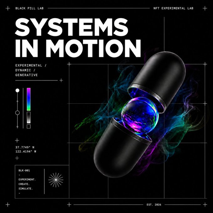 A graphic design poster titled 'SYSTEMS IN MOTION' with text 'BLACK PILL LAB', 'NFT EXPERIMENTAL LAB', 'EXPERIMENTAL / DYNAMIC / GENERATIVE', coordinates '37.7749° N 122.4194° W', 'BLK-001 EXPERIMENT. CREATE. SIMULATE.', and 'EST. 2026', featuring a black capsule with a glowing multicolored sphere inside.